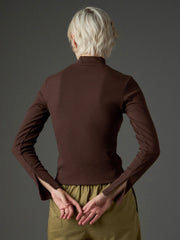 Women Dark Brown Rib High Neck Front Zipper Top-SFTOPS42479