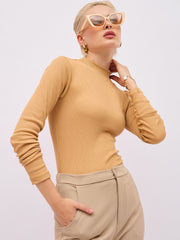 Women Tan High Neck Rib Top-SFTOPS42480