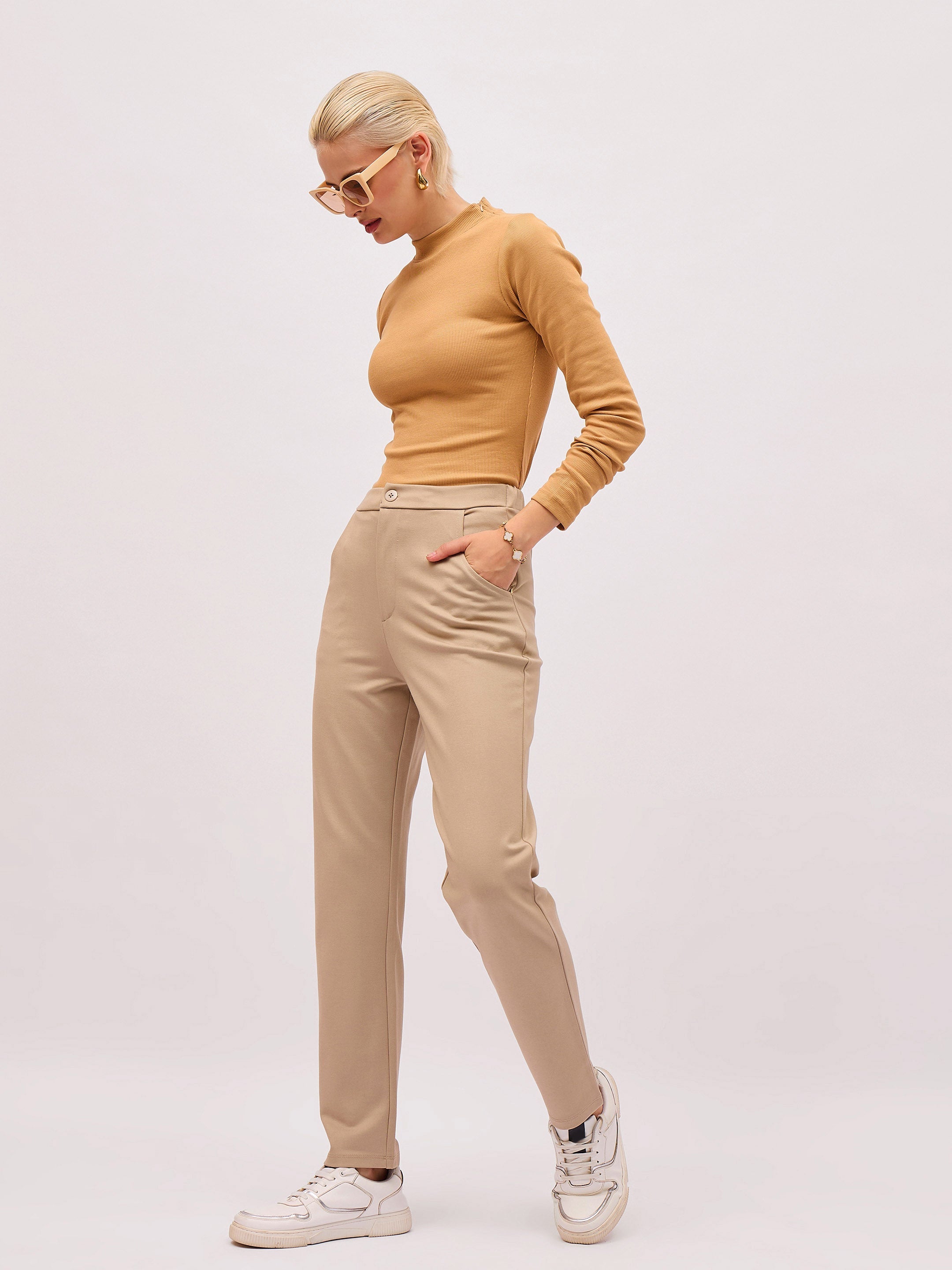 Women Tan High Neck Rib Top-SFTOPS42480