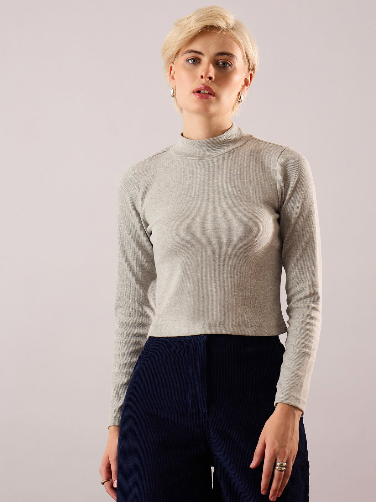 Women Grey Melange Rib Turtle Neck Crop Top-SFTOPS42481