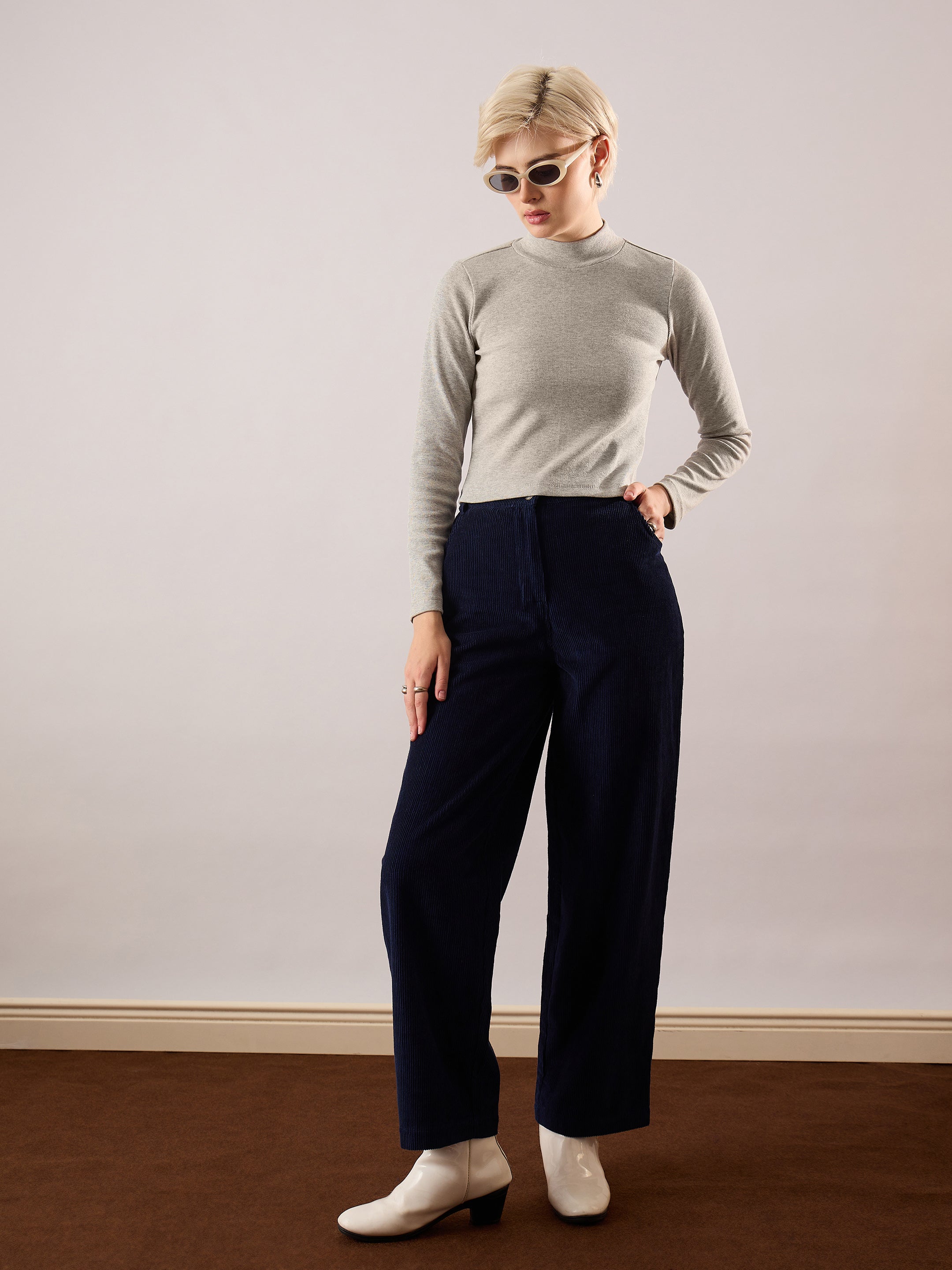 Women Grey Melange Rib Turtle Neck Crop Top-SFTOPS42481