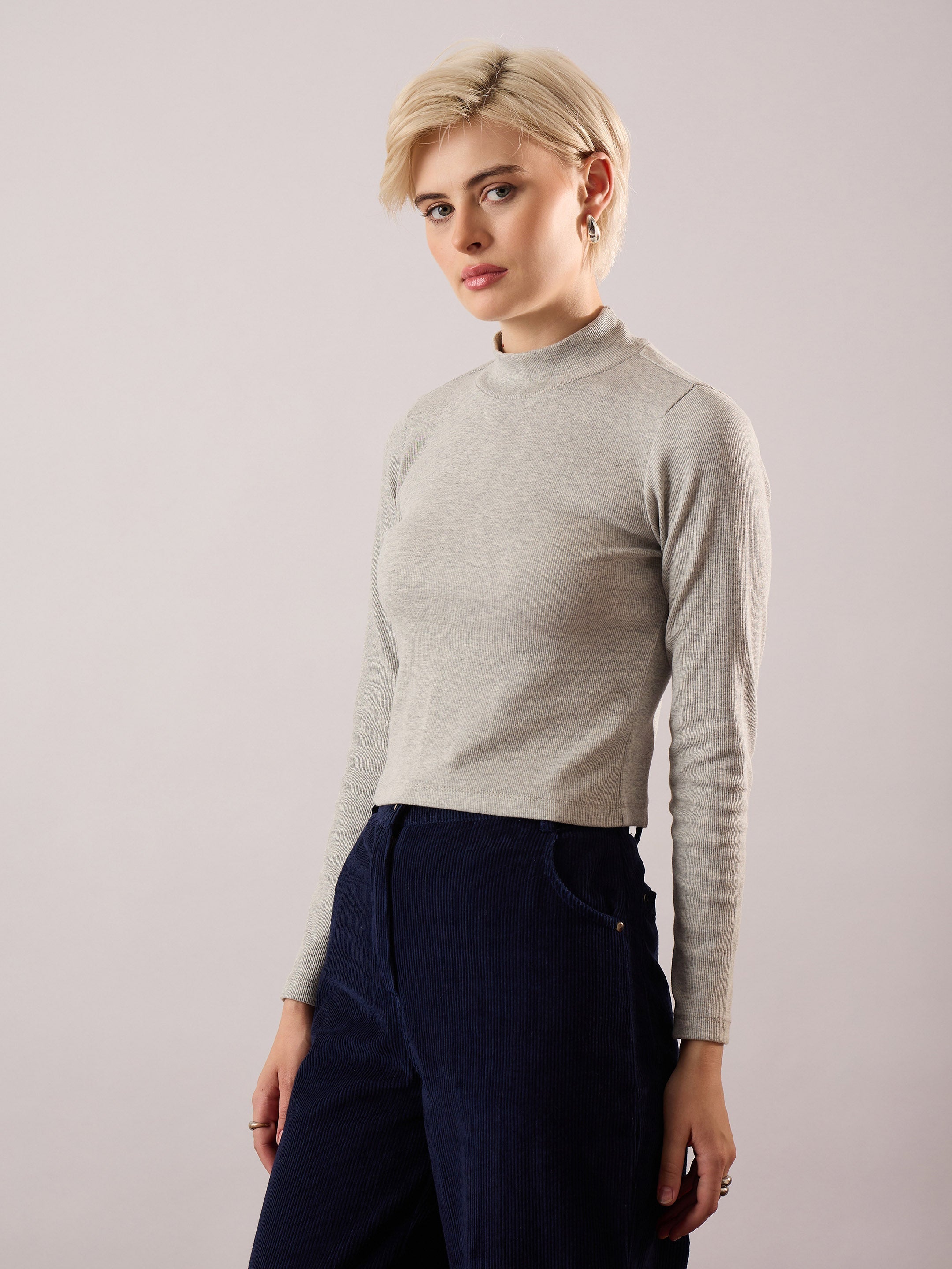 Women Grey Melange Rib Turtle Neck Crop Top-SFTOPS42481
