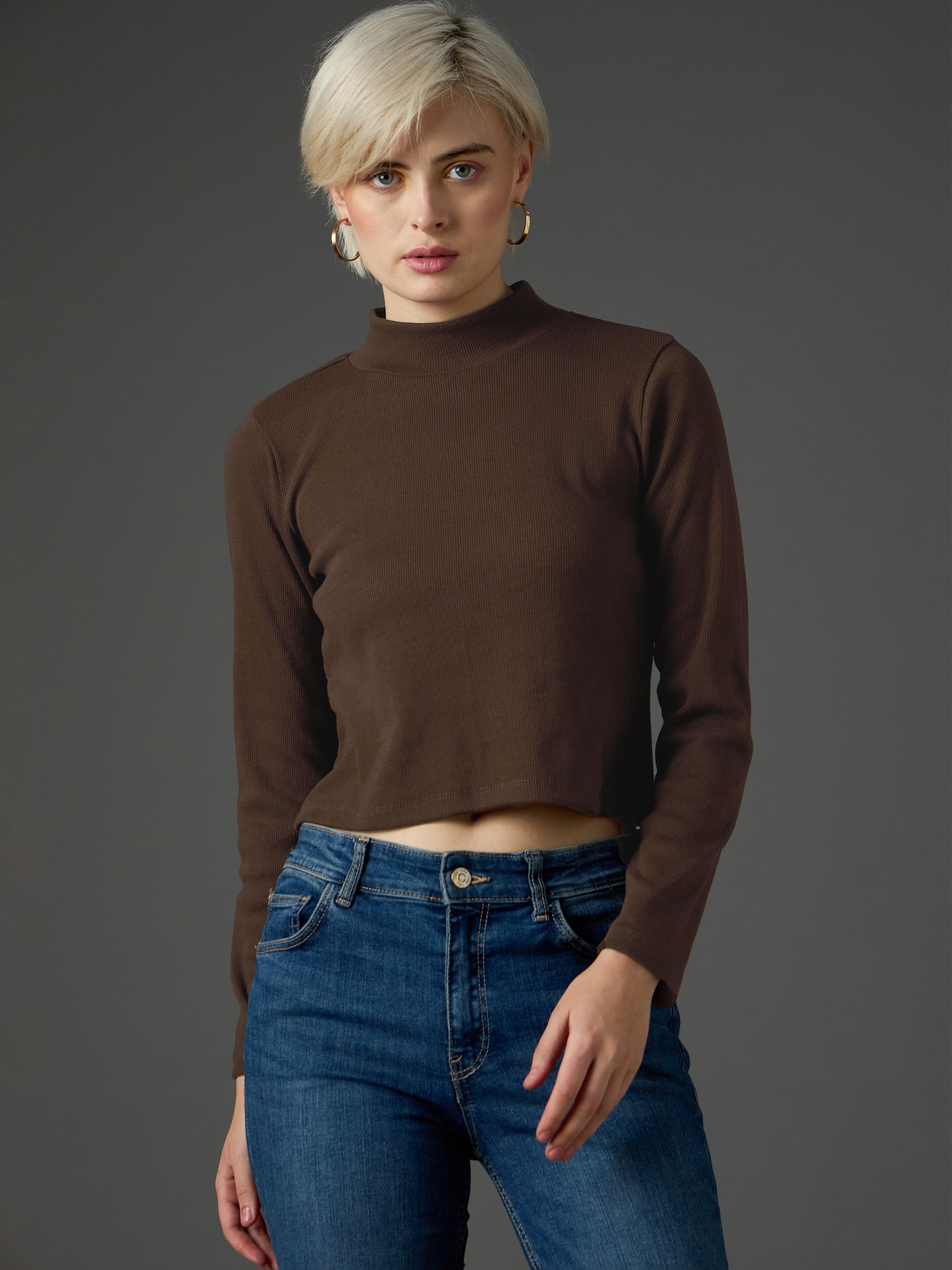 Women Dark Brown Rib Turtle Neck Crop Top-SFTOPS42482