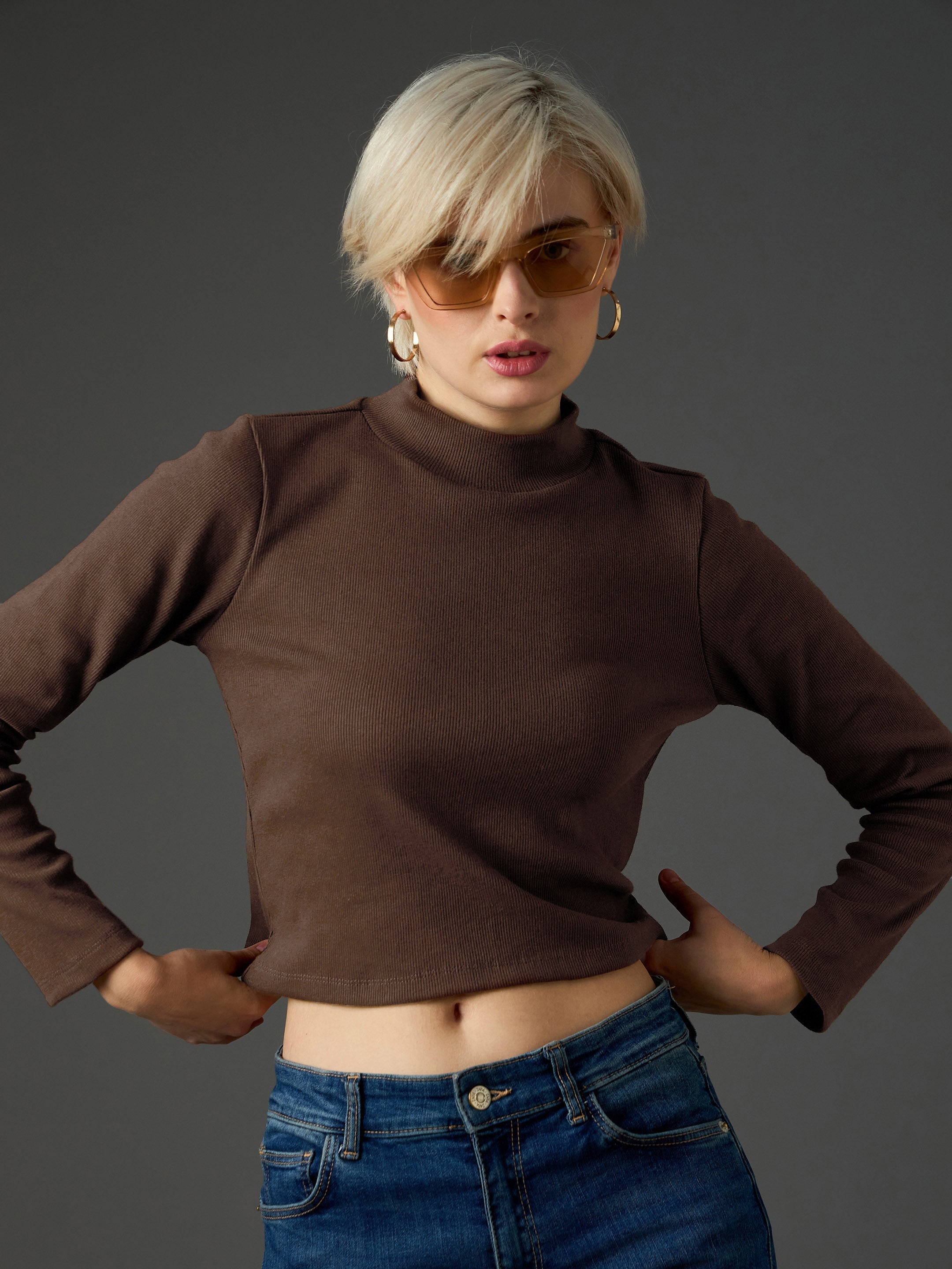 Women Dark Brown Rib Turtle Neck Crop Top-SFTOPS42482