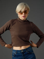 Women Dark Brown Rib Turtle Neck Crop Top-SFTOPS42482