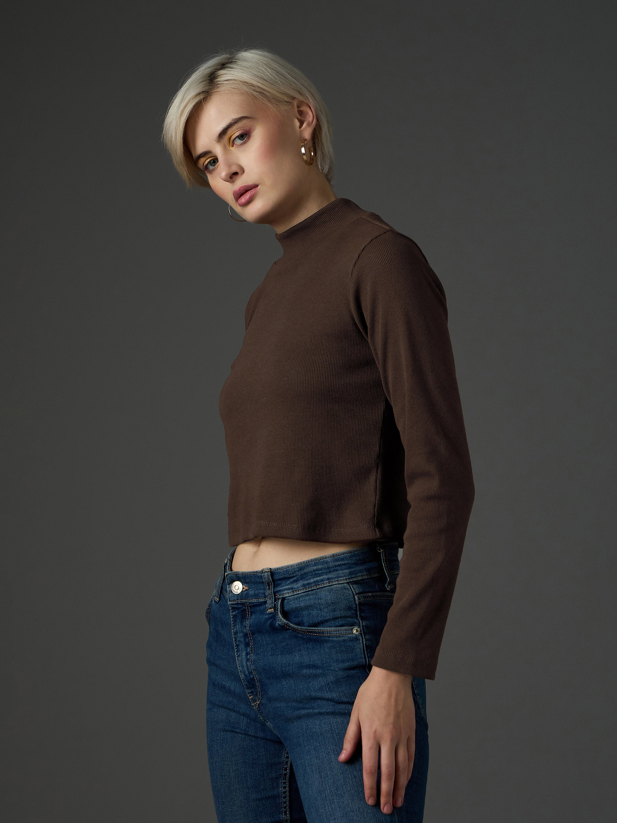 Women Dark Brown Rib Turtle Neck Crop Top-SFTOPS42482