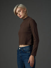 Women Dark Brown Rib Turtle Neck Crop Top-SFTOPS42482