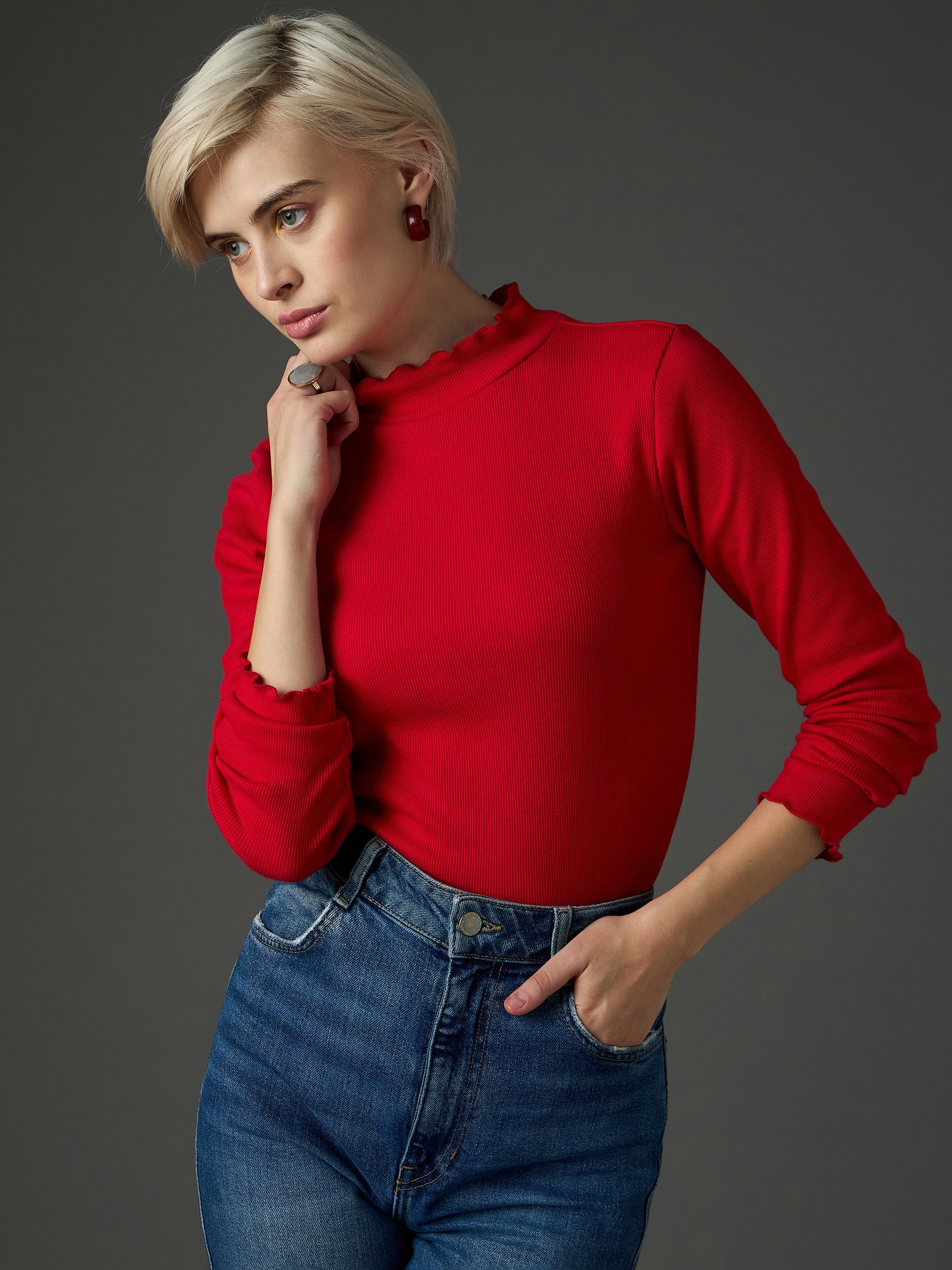 Women Red Rib High Neck Full Sleeve Top-SFTOPS42483