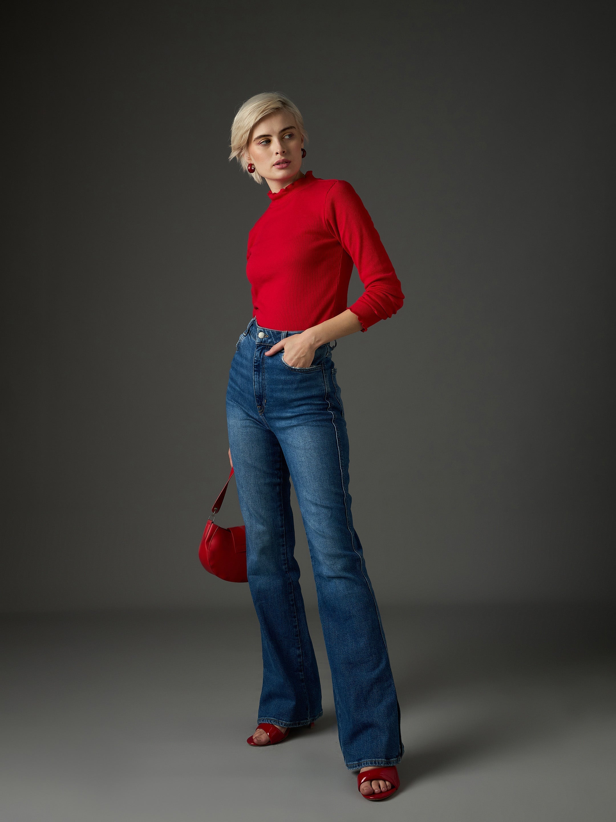 Women Red Rib High Neck Full Sleeve Top-SFTOPS42483