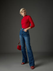 Women Red Rib High Neck Full Sleeve Top-SFTOPS42483