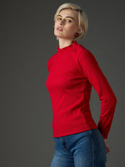 Women Red Rib High Neck Full Sleeve Top-SFTOPS42483