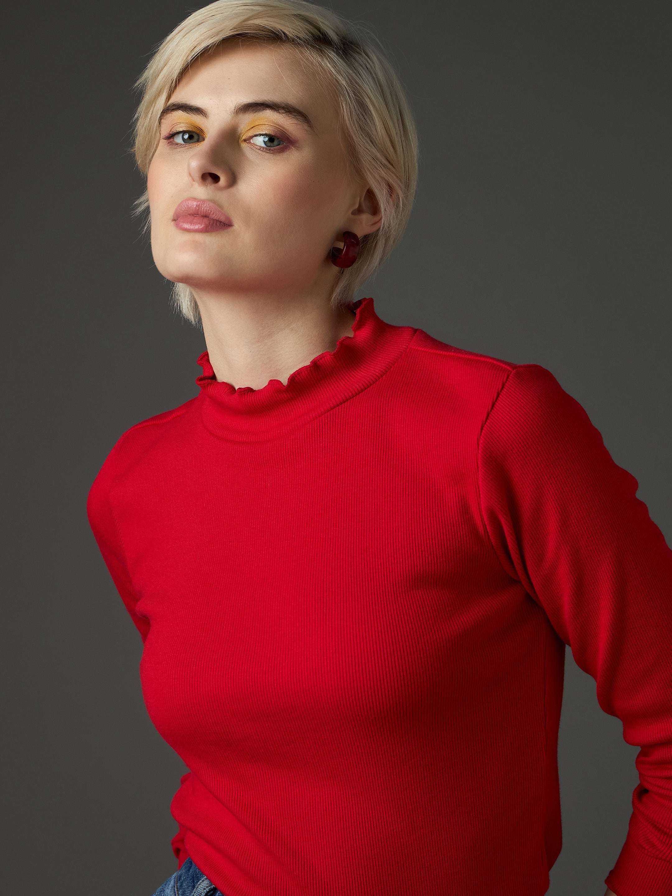Women Red Rib High Neck Full Sleeve Top-SFTOPS42483