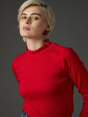 Women Red Rib High Neck Full Sleeve Top-SFTOPS42483