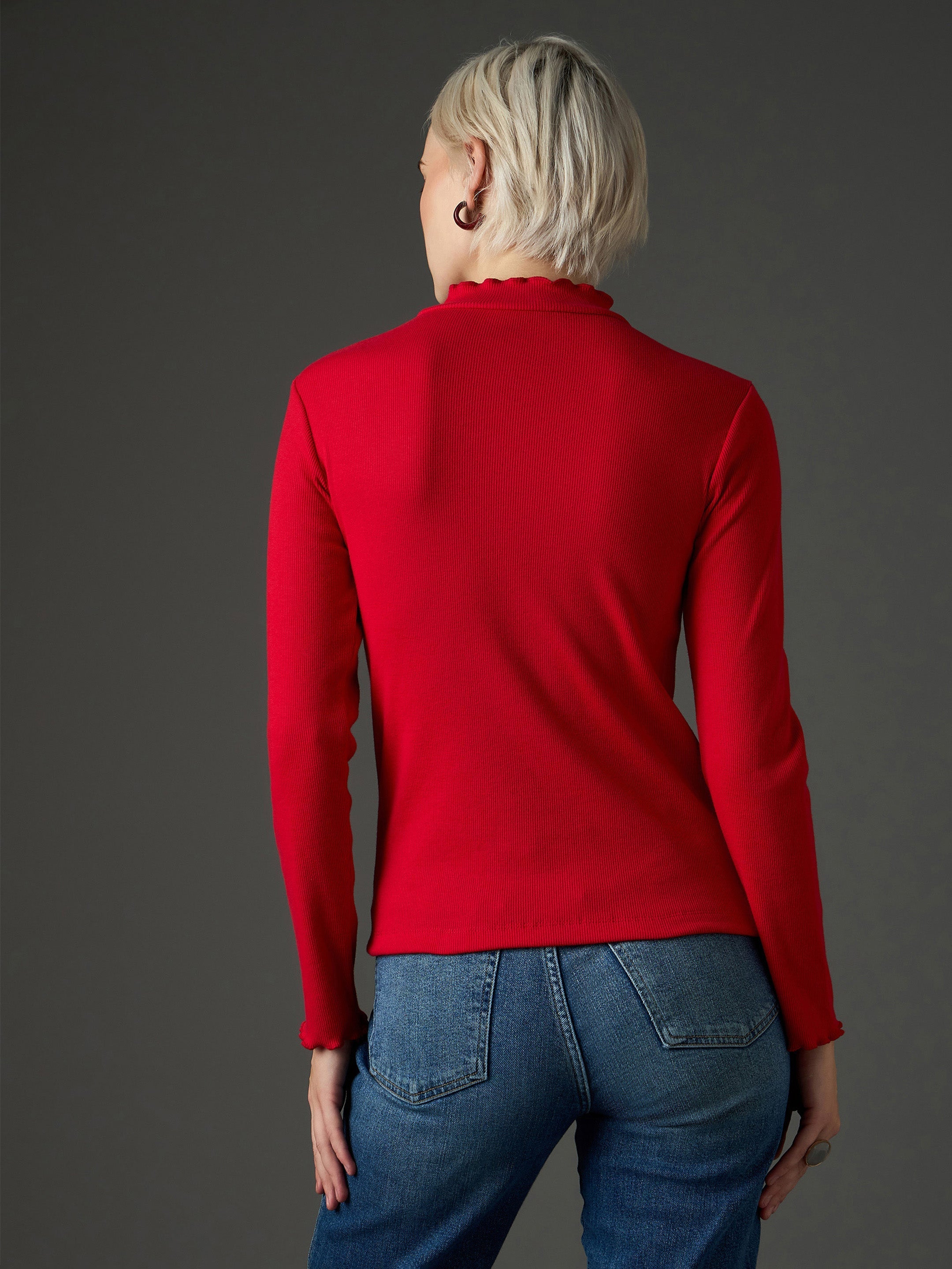 Women Red Rib High Neck Full Sleeve Top-SFTOPS42483