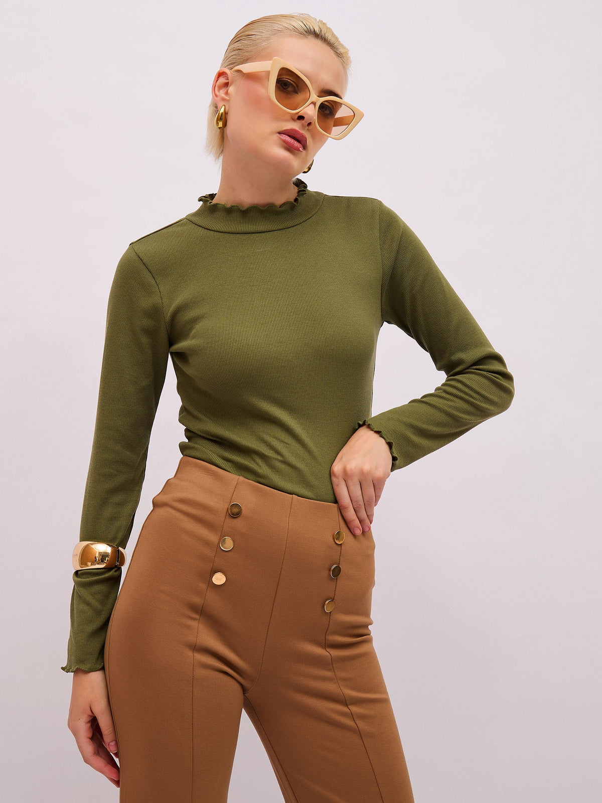 Women Olive Rib High Neck Full Sleeve Top-SFTOPS42484