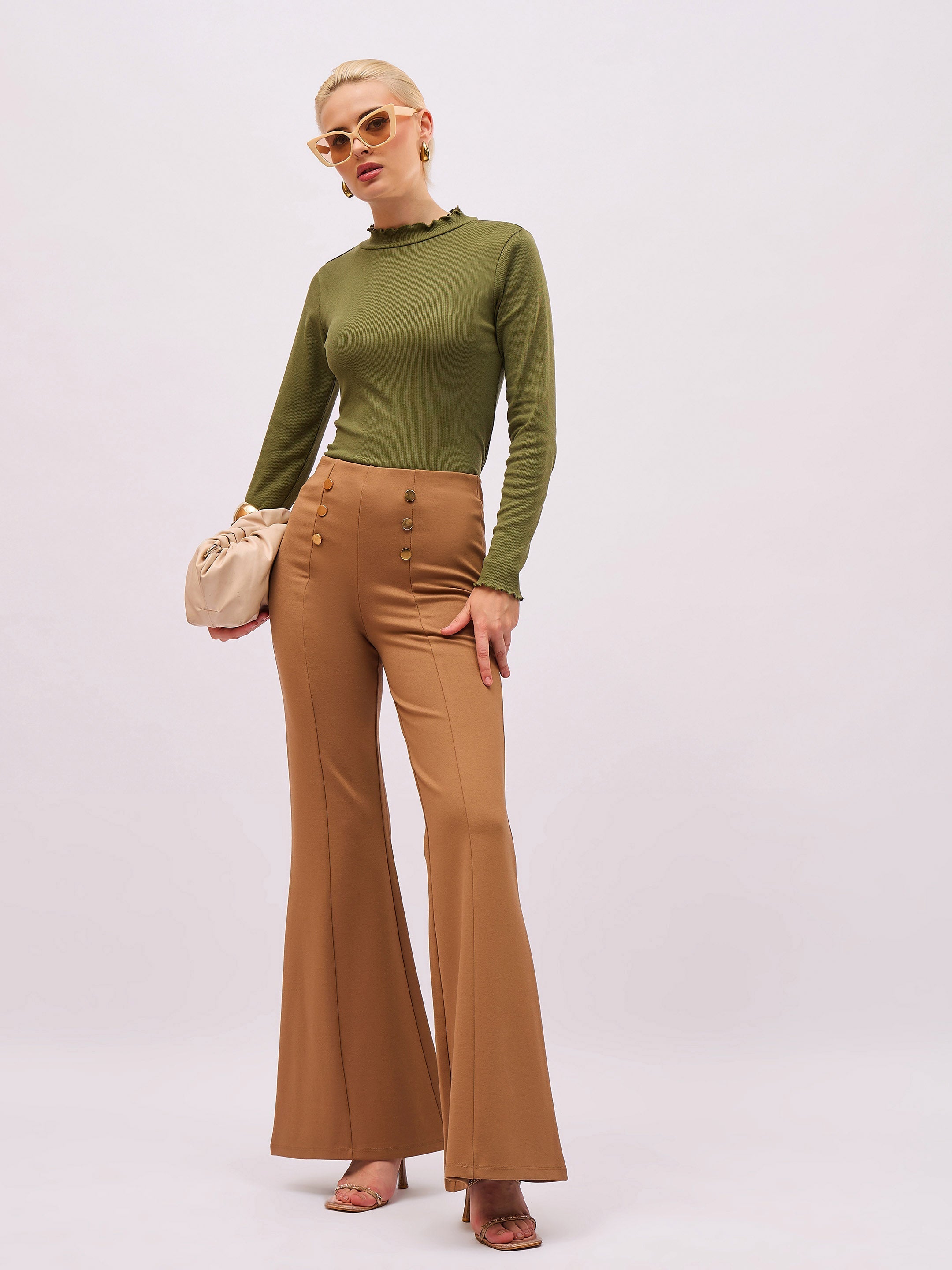 Women Olive Rib High Neck Full Sleeve Top-SFTOPS42484