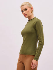 Women Olive Rib High Neck Full Sleeve Top-SFTOPS42484