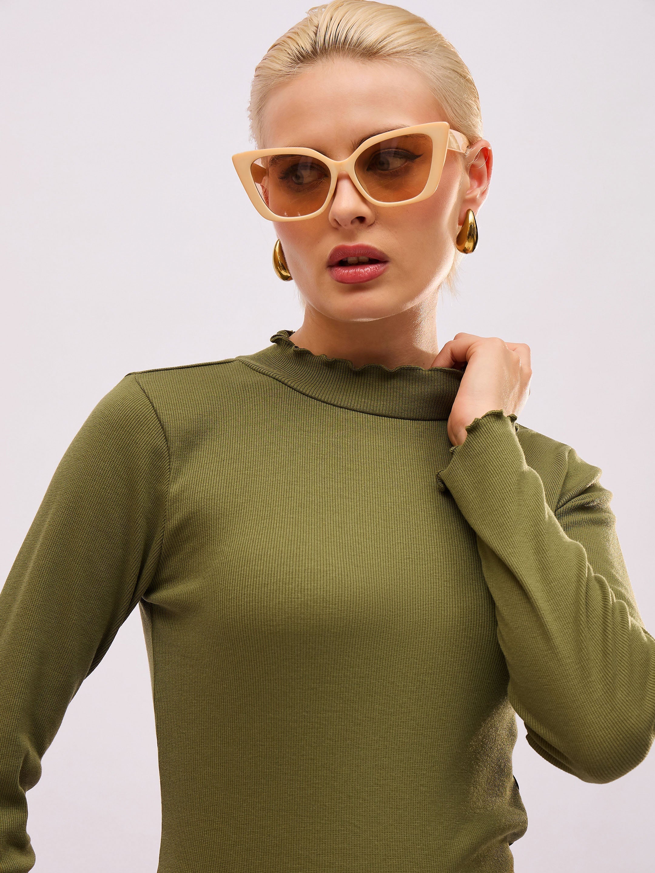 Women Olive Rib High Neck Full Sleeve Top-SFTOPS42484