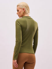 Women Olive Rib High Neck Full Sleeve Top-SFTOPS42484