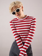 Women Red & White Rib High Neck Full Sleeve Top-SFTOPS42485