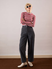 Women Red & White Rib High Neck Full Sleeve Top-SFTOPS42485