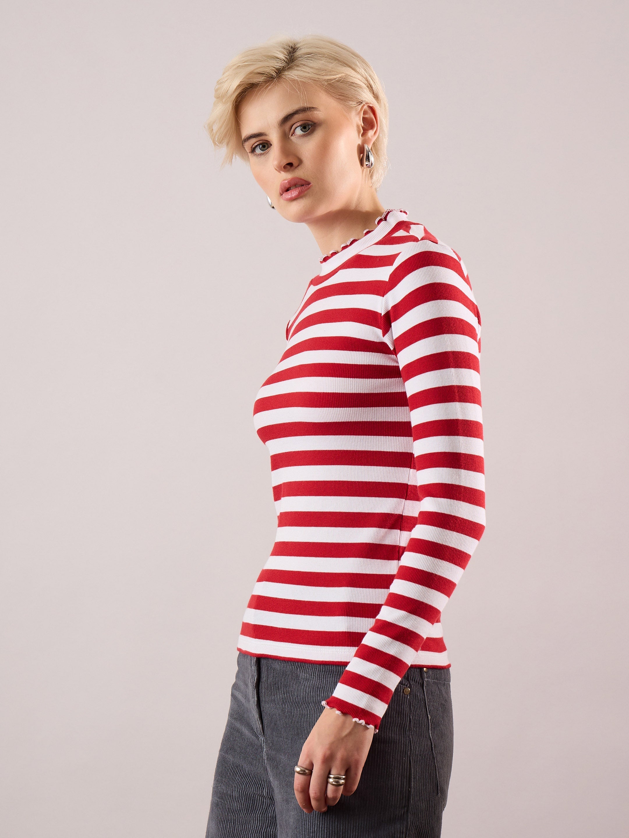 Women Red & White Rib High Neck Full Sleeve Top-SFTOPS42485