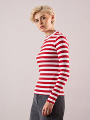 Women Red & White Rib High Neck Full Sleeve Top-SFTOPS42485