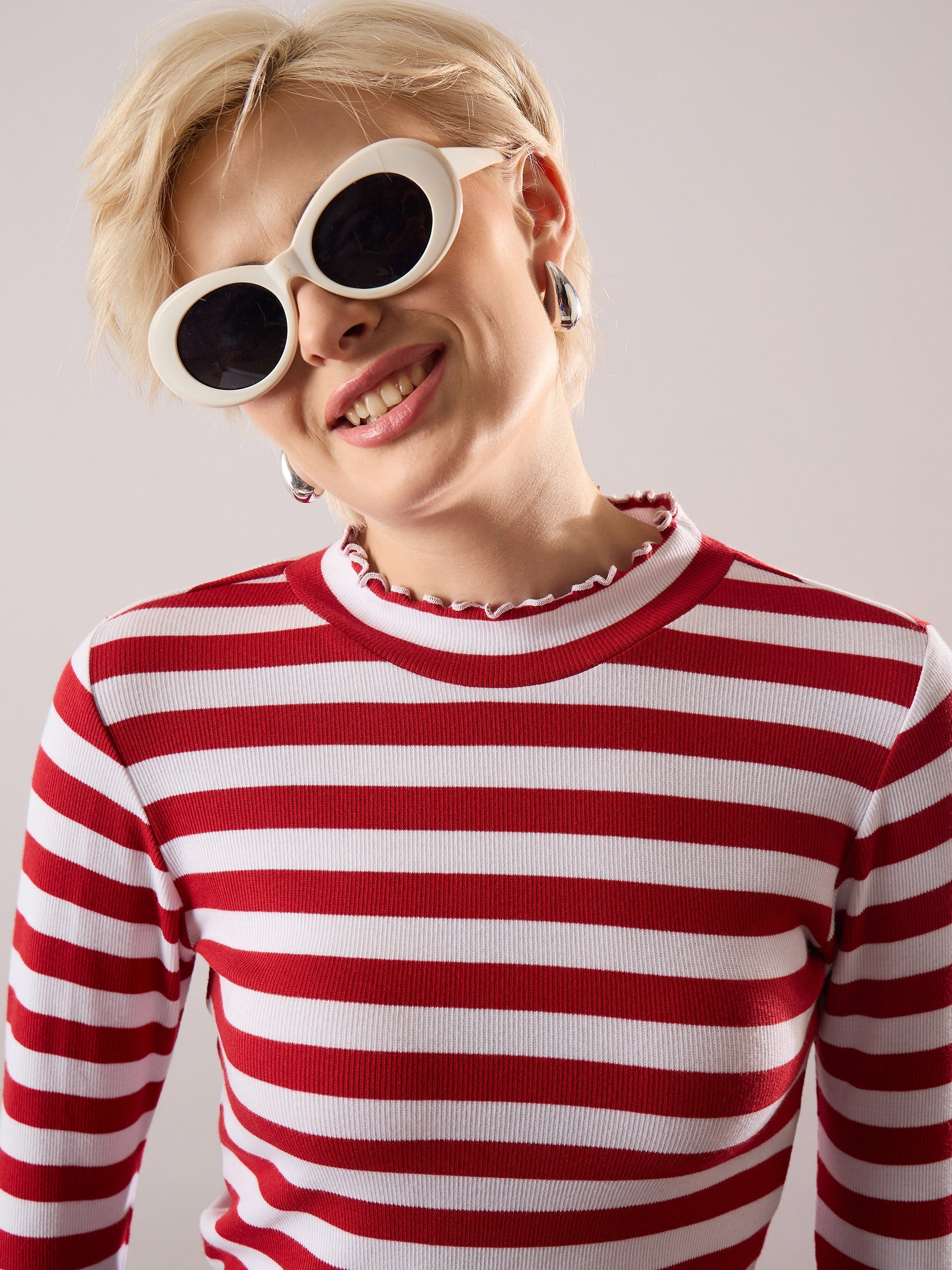Women Red & White Rib High Neck Full Sleeve Top-SFTOPS42485