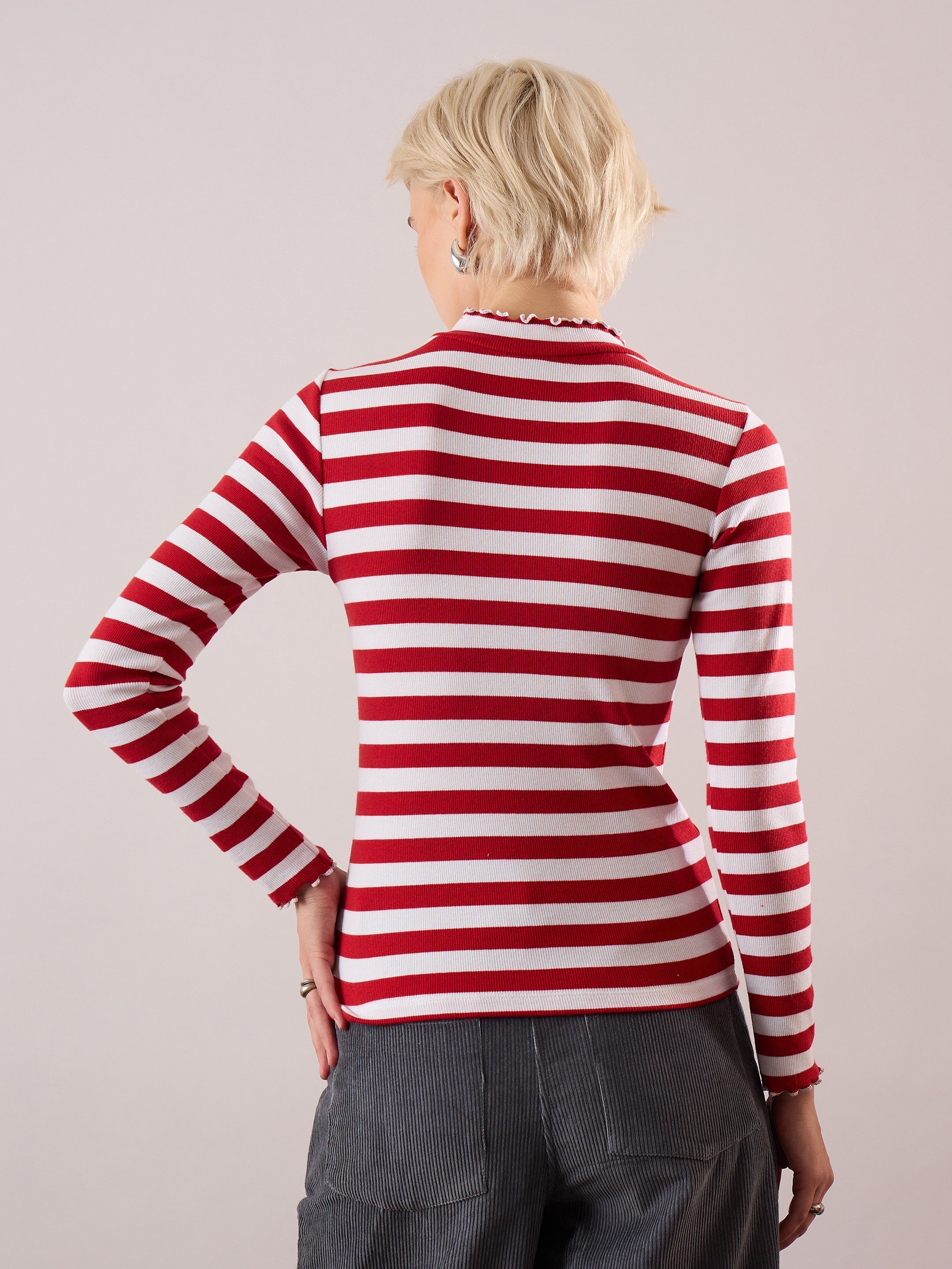 Women Red & White Rib High Neck Full Sleeve Top-SFTOPS42485