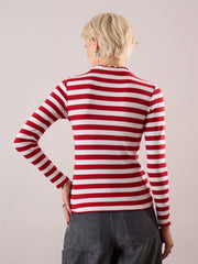 Women Red & White Rib High Neck Full Sleeve Top-SFTOPS42485