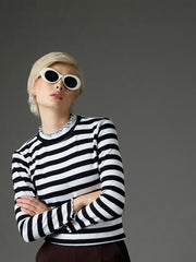 Women Black & White Rib High Neck Full Sleeve Top-SFTOPS42486