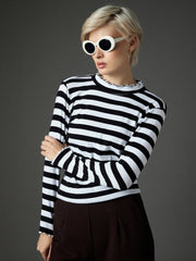 Women Black & White Rib High Neck Full Sleeve Top-SFTOPS42486