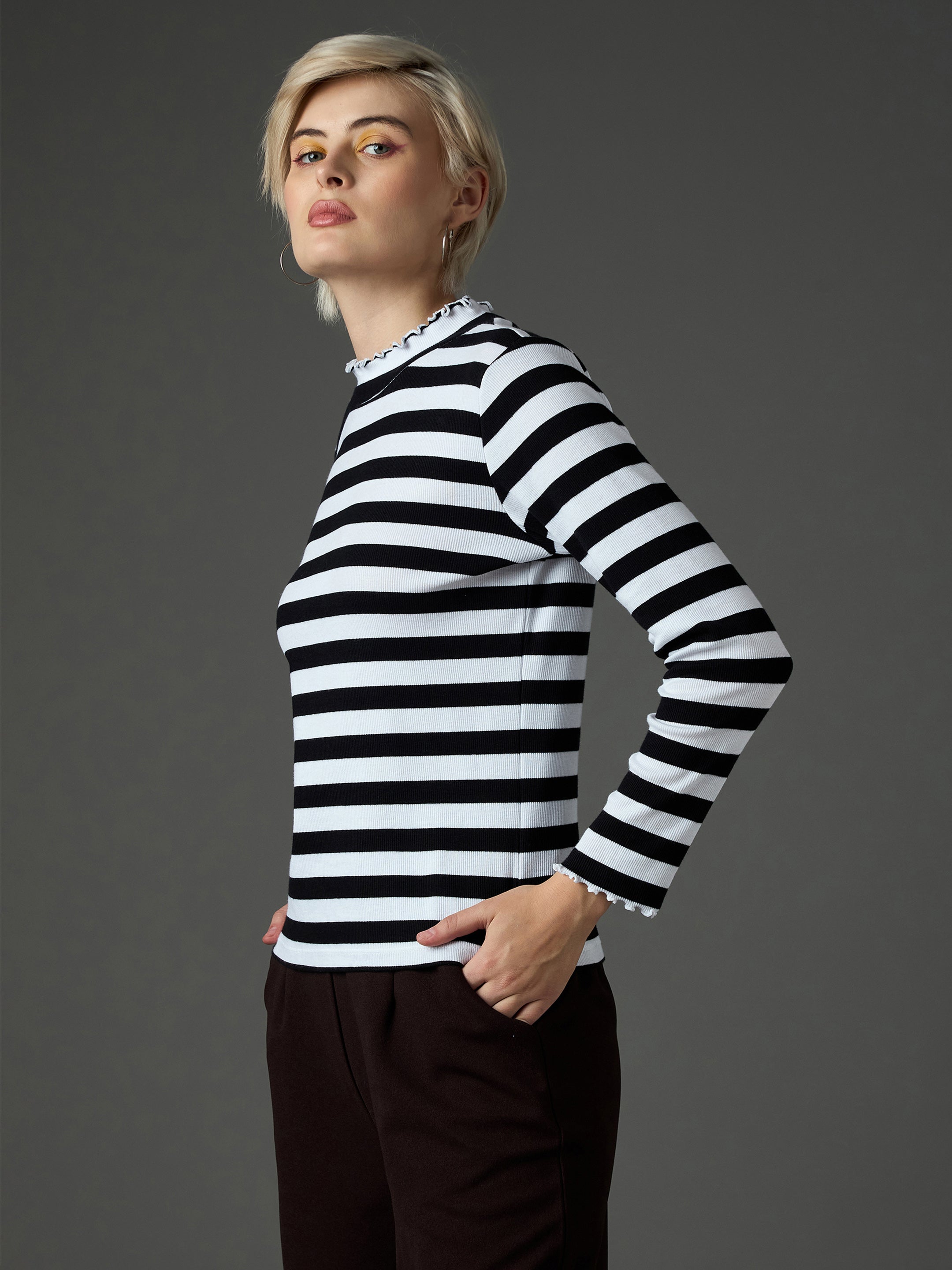 Women Black & White Rib High Neck Full Sleeve Top-SFTOPS42486