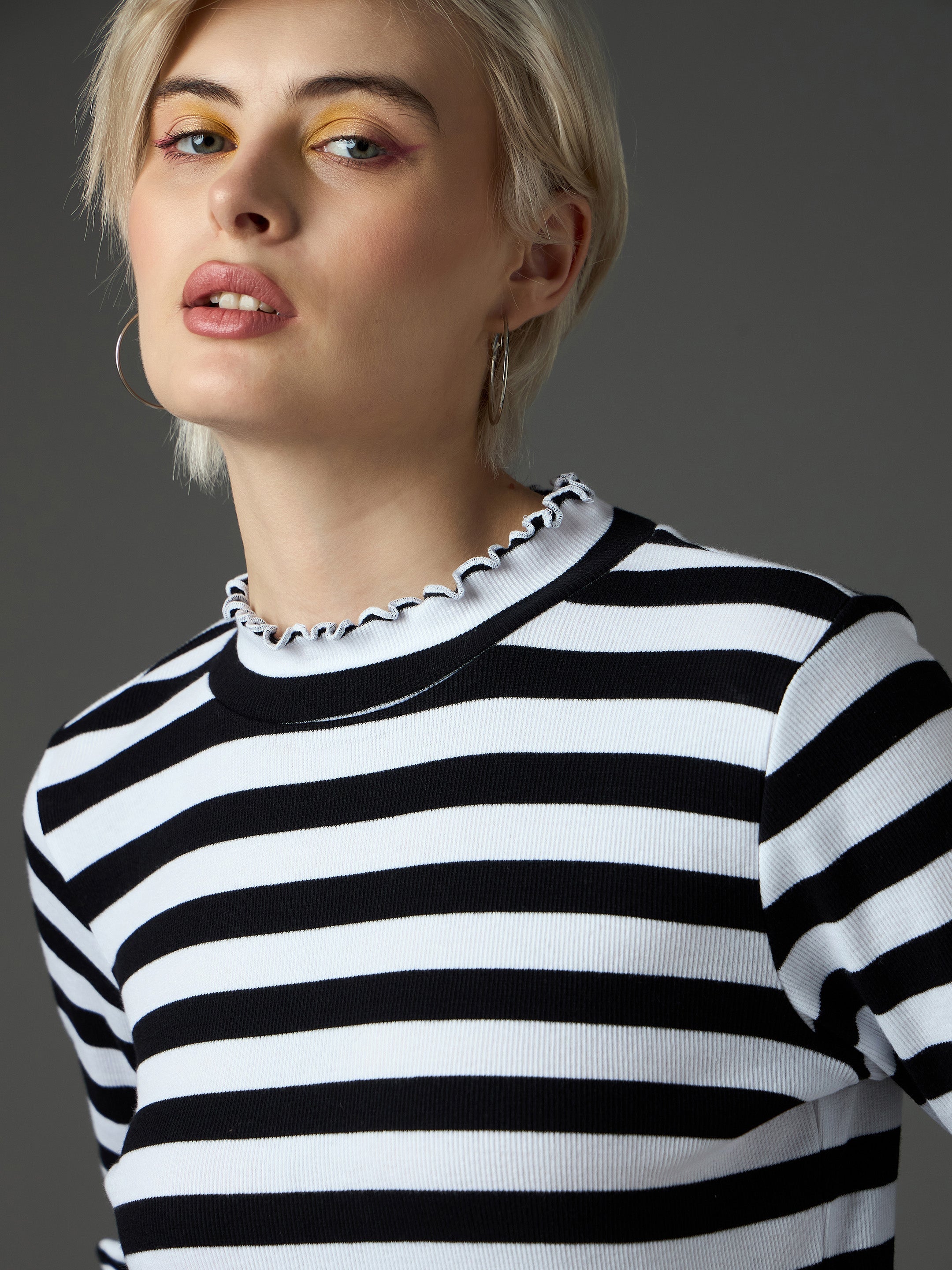 Women Black & White Rib High Neck Full Sleeve Top-SFTOPS42486