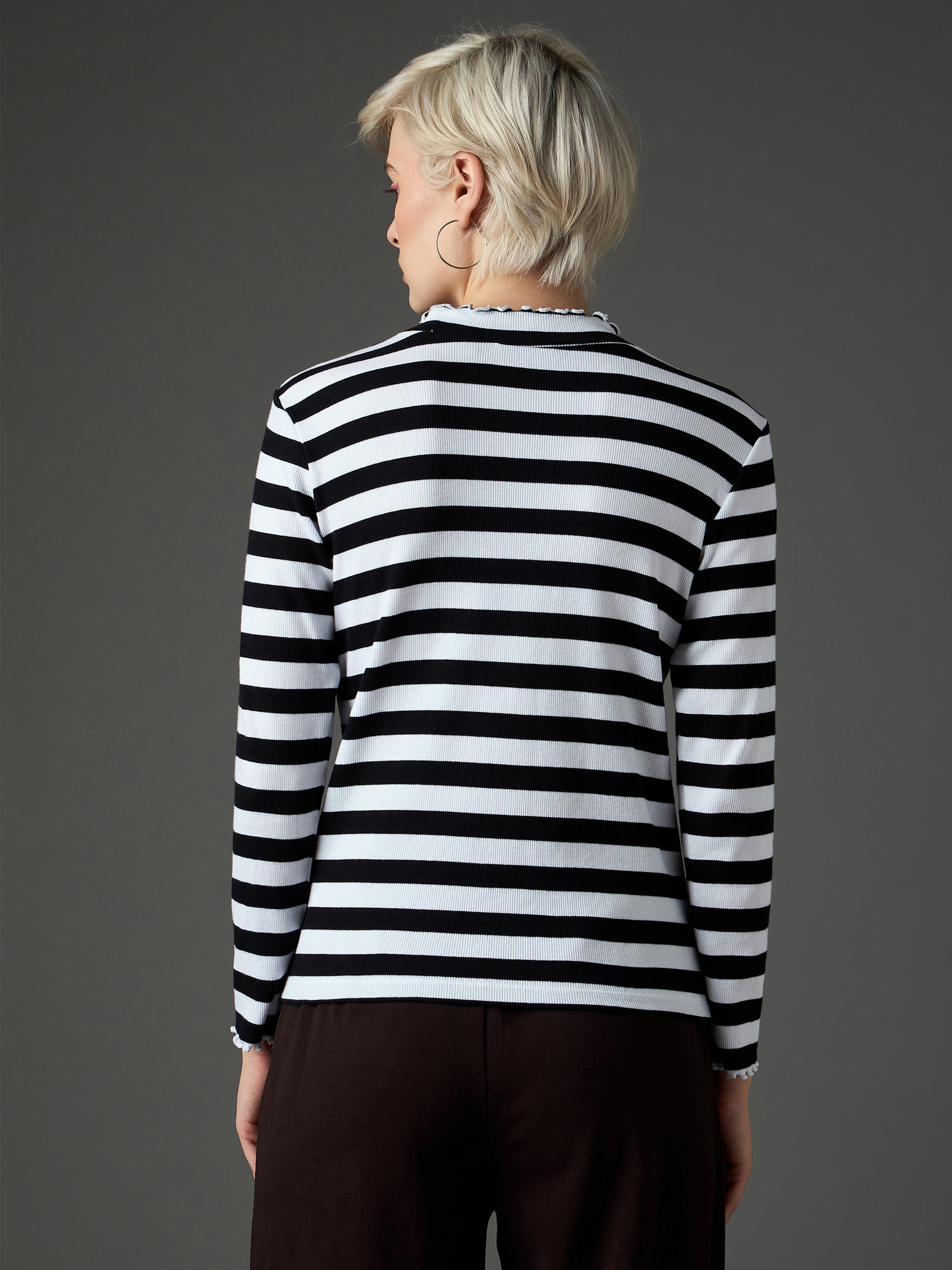 Women Black & White Rib High Neck Full Sleeve Top-SFTOPS42486