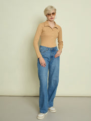 Women Tan Rib Polo Neck Full Sleeves Top-SFTOPS42487