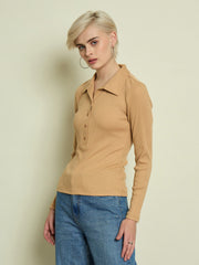 Women Tan Rib Polo Neck Full Sleeves Top-SFTOPS42487