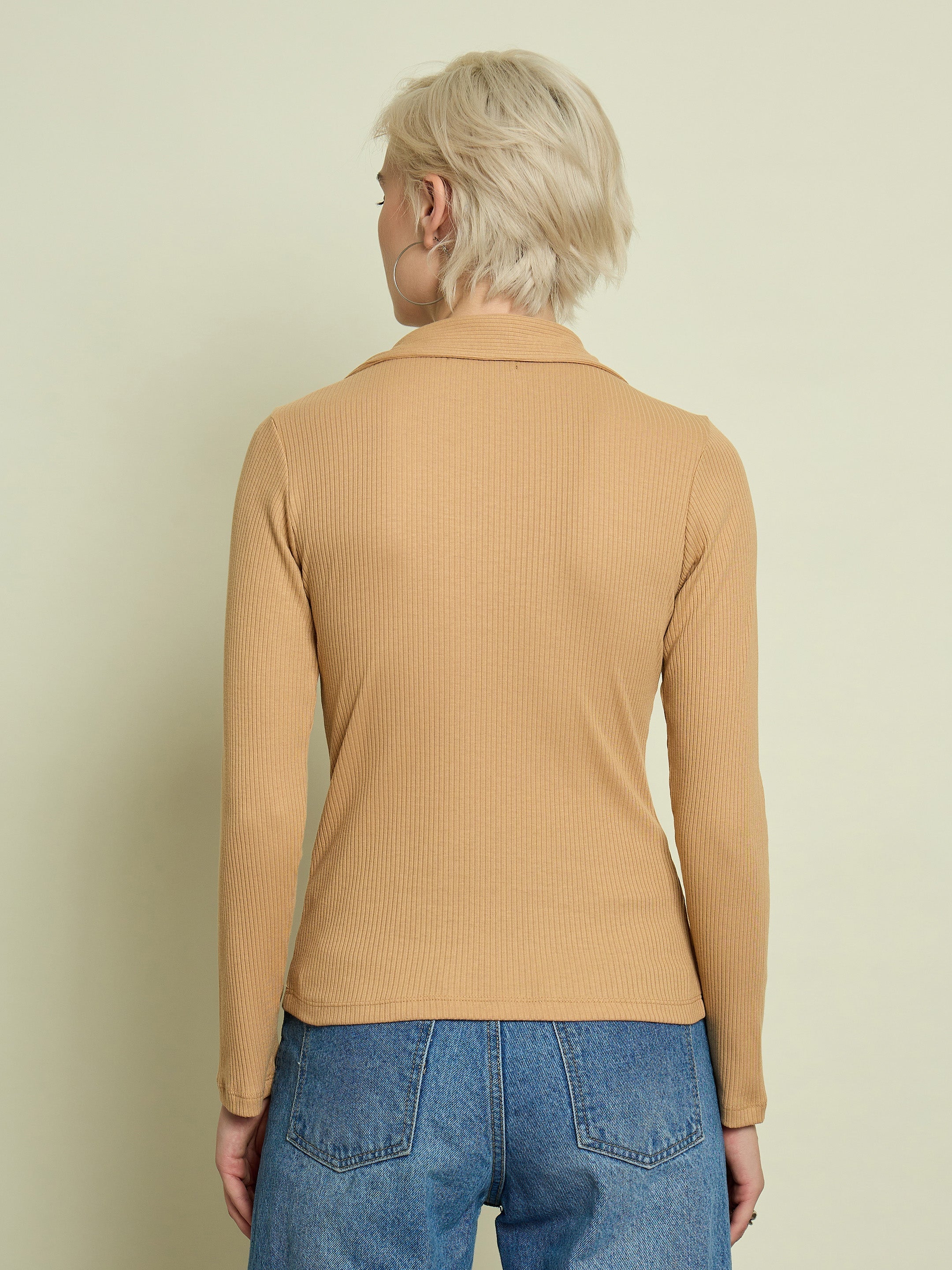 Women Tan Rib Polo Neck Full Sleeves Top-SFTOPS42487