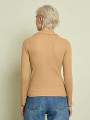 Women Tan Rib Polo Neck Full Sleeves Top-SFTOPS42487