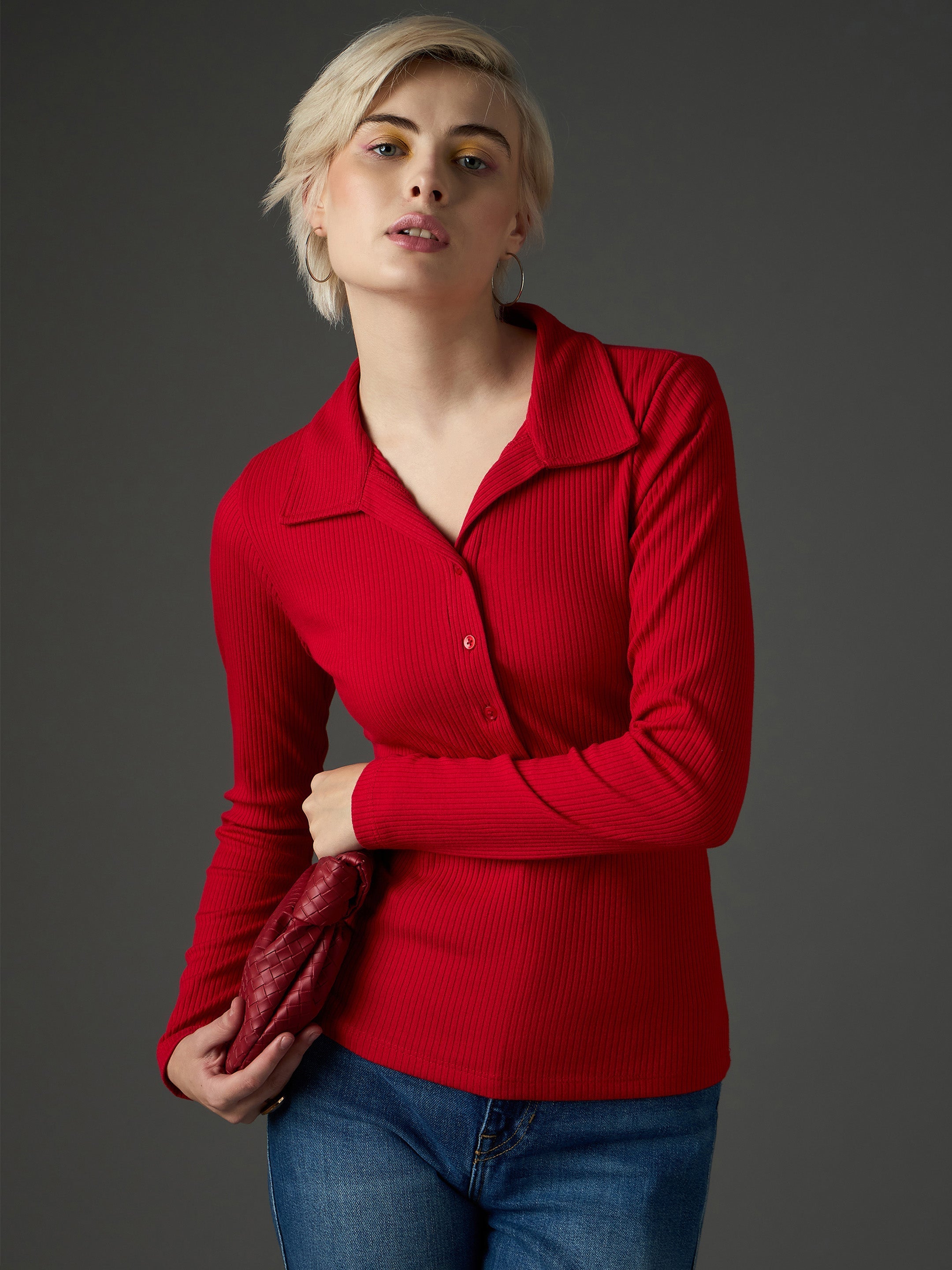 Women Red Rib Polo Neck Full Sleeves Top-SFTOPS42488