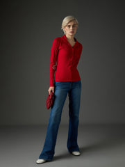 Women Red Rib Polo Neck Full Sleeves Top-SFTOPS42488