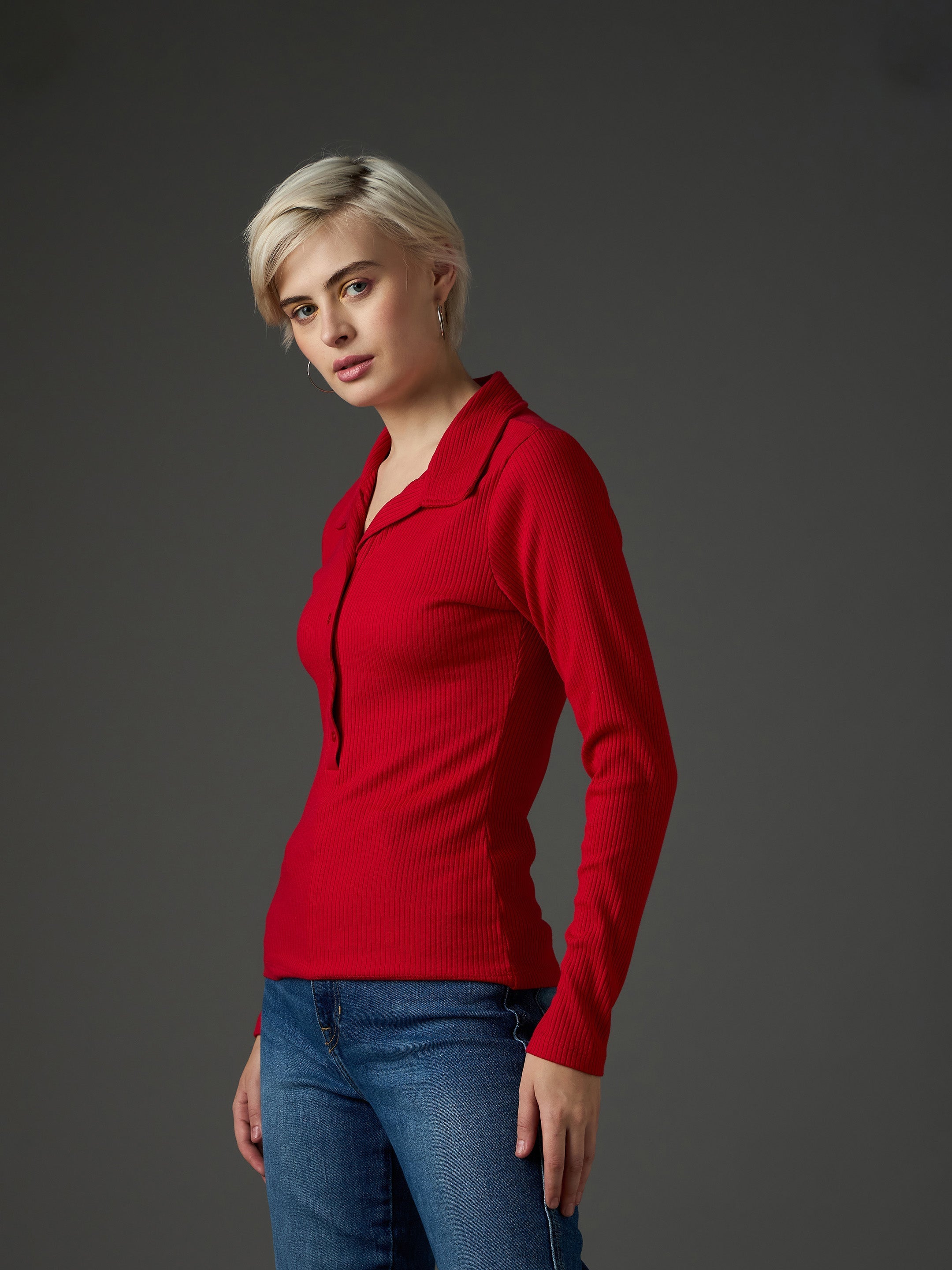 Women Red Rib Polo Neck Full Sleeves Top-SFTOPS42488