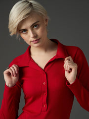 Women Red Rib Polo Neck Full Sleeves Top-SFTOPS42488