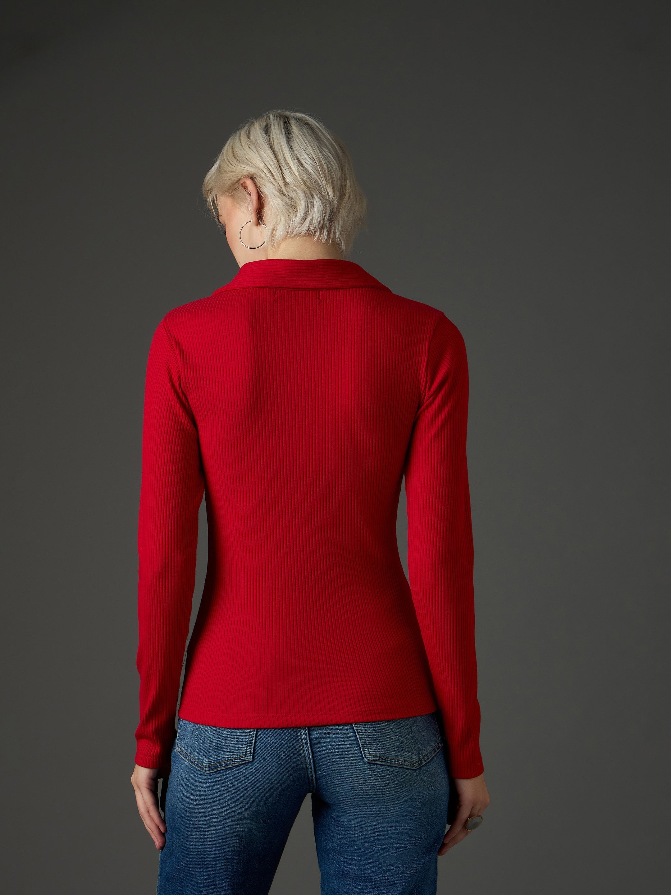 Women Red Rib Polo Neck Full Sleeves Top-SFTOPS42488