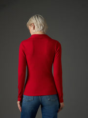 Women Red Rib Polo Neck Full Sleeves Top-SFTOPS42488