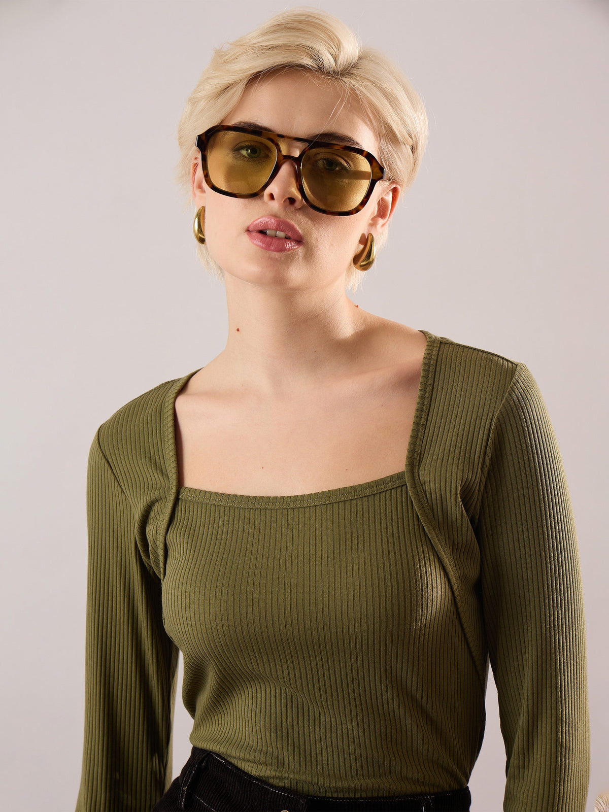 Women Olive Rib Square Neck Full Sleeves Top-SFTOPS42489
