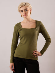 Women Olive Rib Square Neck Full Sleeves Top-SFTOPS42489