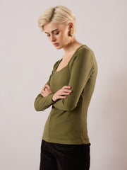 Women Olive Rib Square Neck Full Sleeves Top-SFTOPS42489