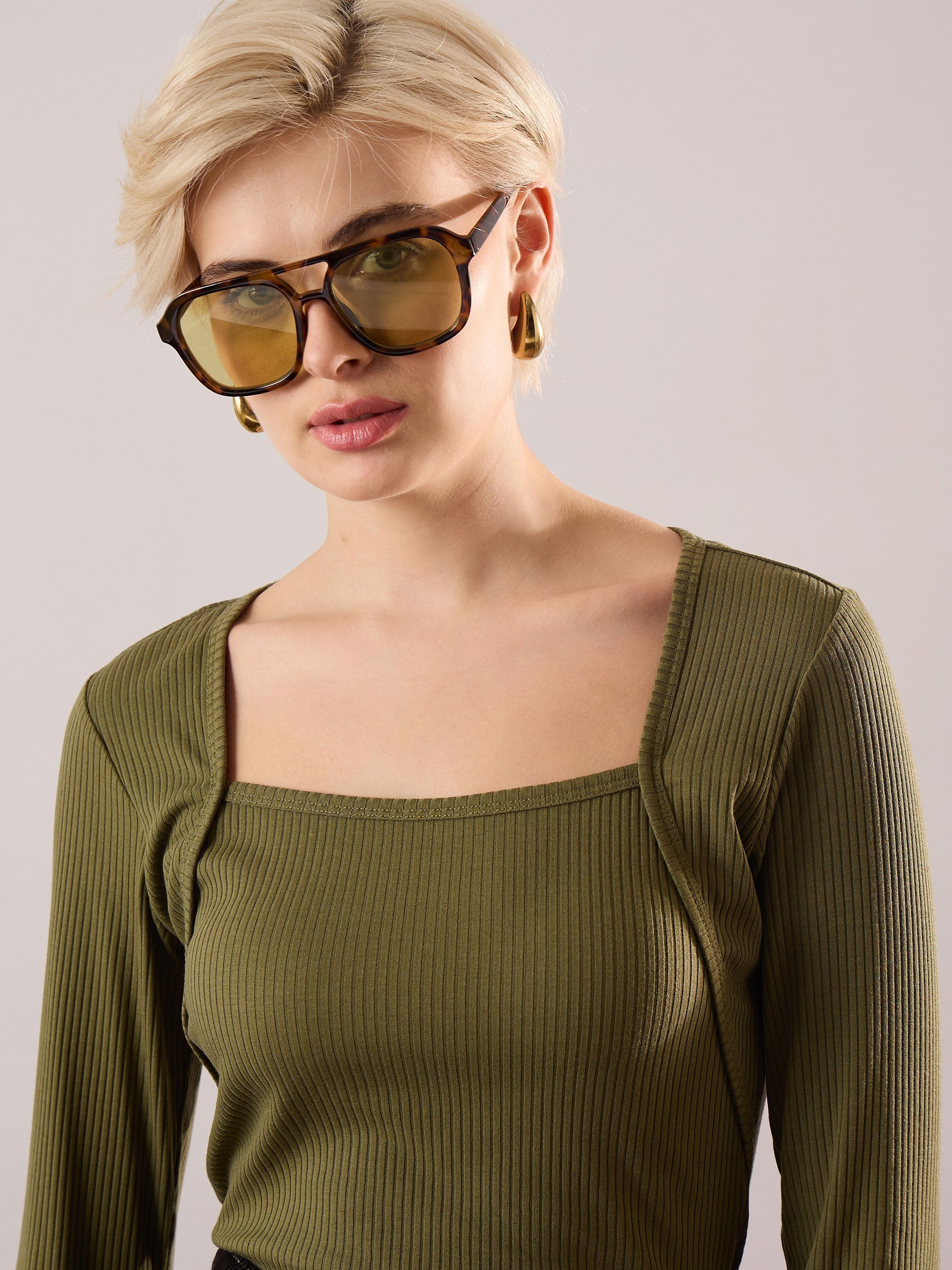 Women Olive Rib Square Neck Full Sleeves Top-SFTOPS42489
