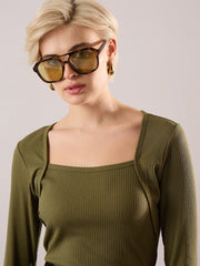 Women Olive Rib Square Neck Full Sleeves Top-SFTOPS42489